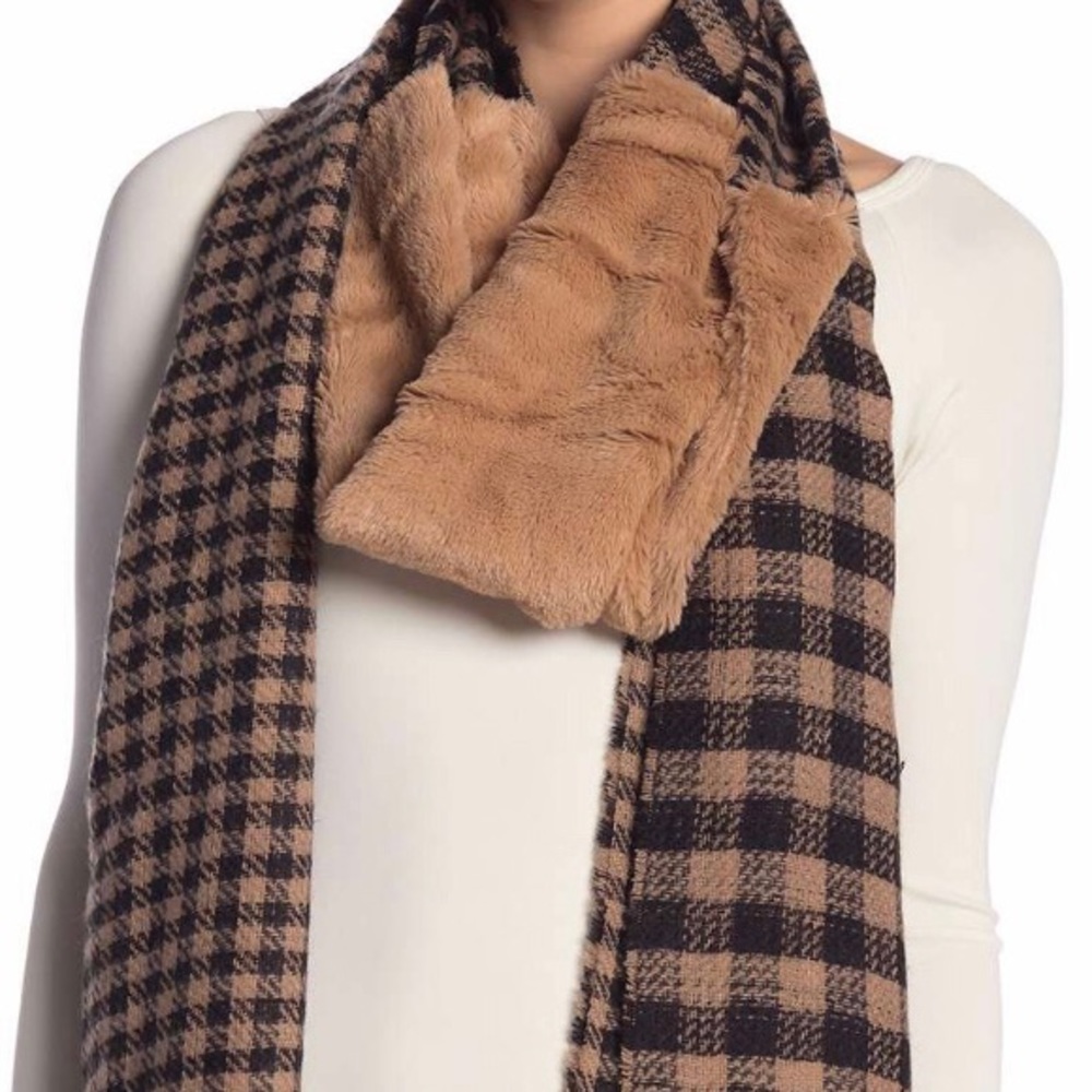 D&Y Houndstooth Faux Fur Panel Scarf NWT Brown & Black in Gingham Buffalo Plaid - Picture 4 of 14
